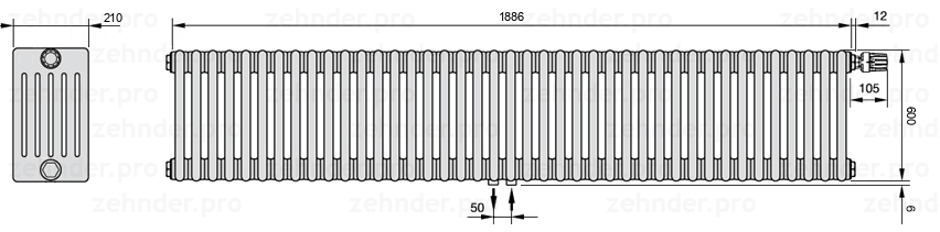 Схема (чертеж) Радиатор Zehnder Charleston 6060/41 №V008 Белый глянцевый RAL 9016